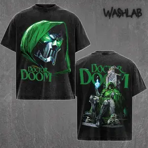 Retro Doctor Doom Premium - Victor Von Doom Graphic Tee Washed – Double Sided Print Oversized Acid-Washed Heavyweight Cotton T-Shirt – Unisex Comic Tee, Perfect Gift for Muscle Super Hero Fans and Lovers Menswear Tops Distressed