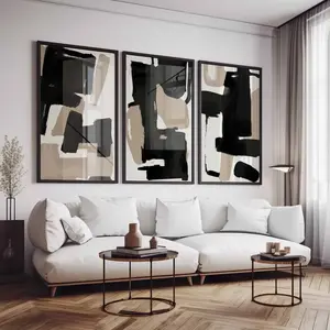 Abstract Wall Art – Set of 3 Modern Neutral Black & Beige Prints, Nordic Japandi Scandinavian Posters, Trendy Room & Apartment Decor, Unframed