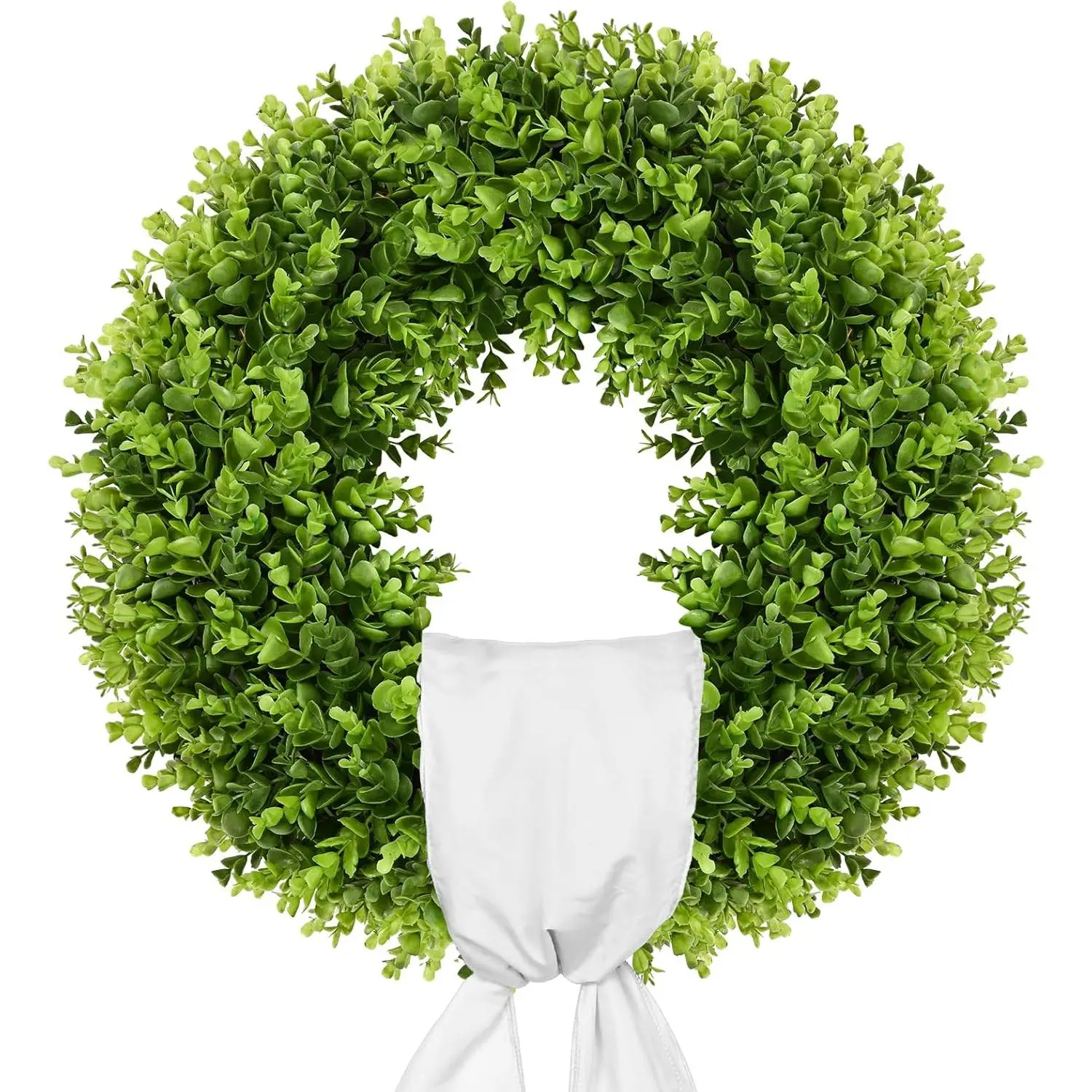 HiLife Home 20-Inch Boxwood Wreath, Artificial Boxwood Wreath Front Door Wreaths Artificial Spring Summer Greenery Hanging with A Plaid Bowand Sash for Front Door Wall Hanging