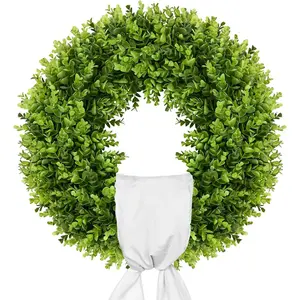 HiLife Home 20-Inch Boxwood Wreath, Artificial Boxwood Wreath Front Door Wreaths Artificial Spring Summer Greenery Hanging with A Plaid Bowand Sash for Front Door Wall Hanging