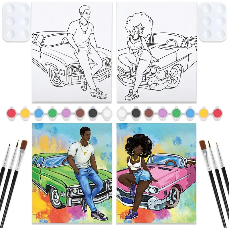 Couples Painting Kit Date Night Afro Couples with Cool  Sip and  Kit for Adults Pre Drawn Canvas for Painting for Adult Love Pre Drawn Stretched Canvas Kit Art Set 2 Pack 8"x10"