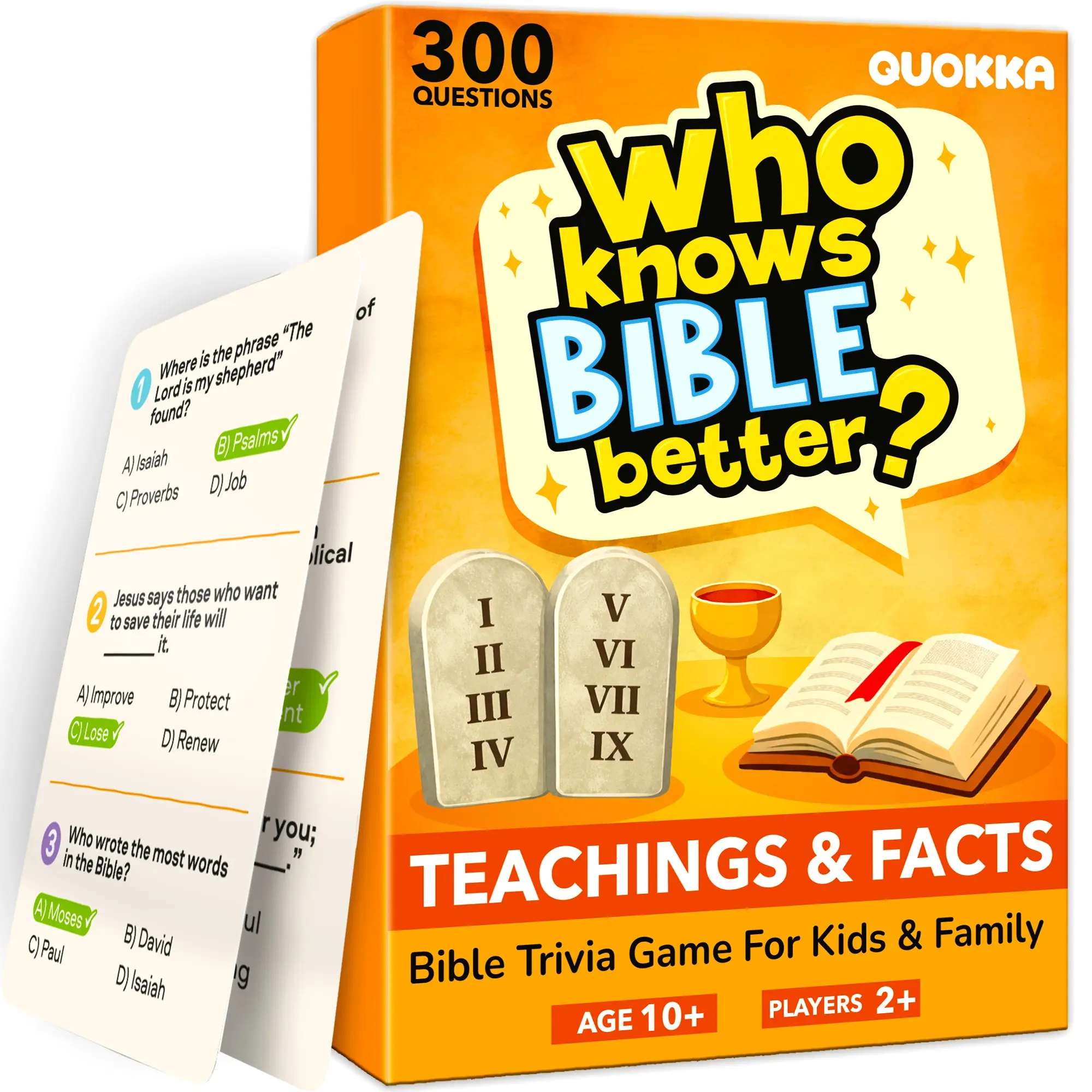 QUOKKA Bible Knowledge Card Game - 300 Faith-Based Questions, Family Fun Card Game for Kids & Teens, Ideal for Family Nights, Cards Game, Family Fun Game