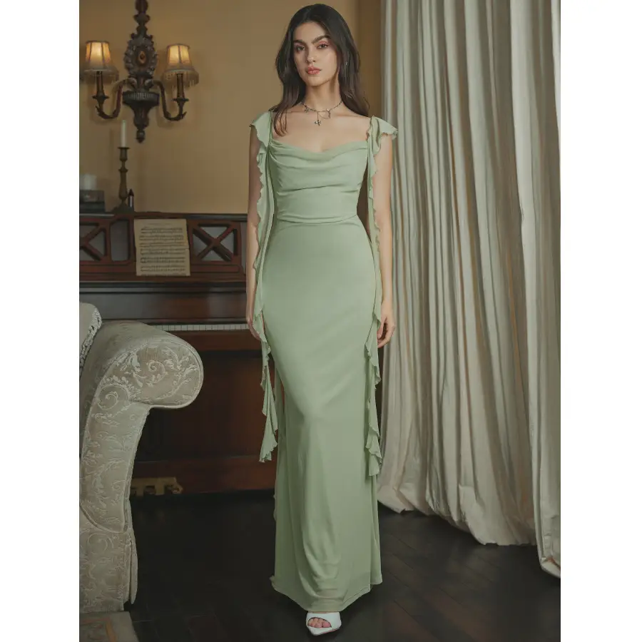 Cider Mesh Ruffle Hem Maxi Dress