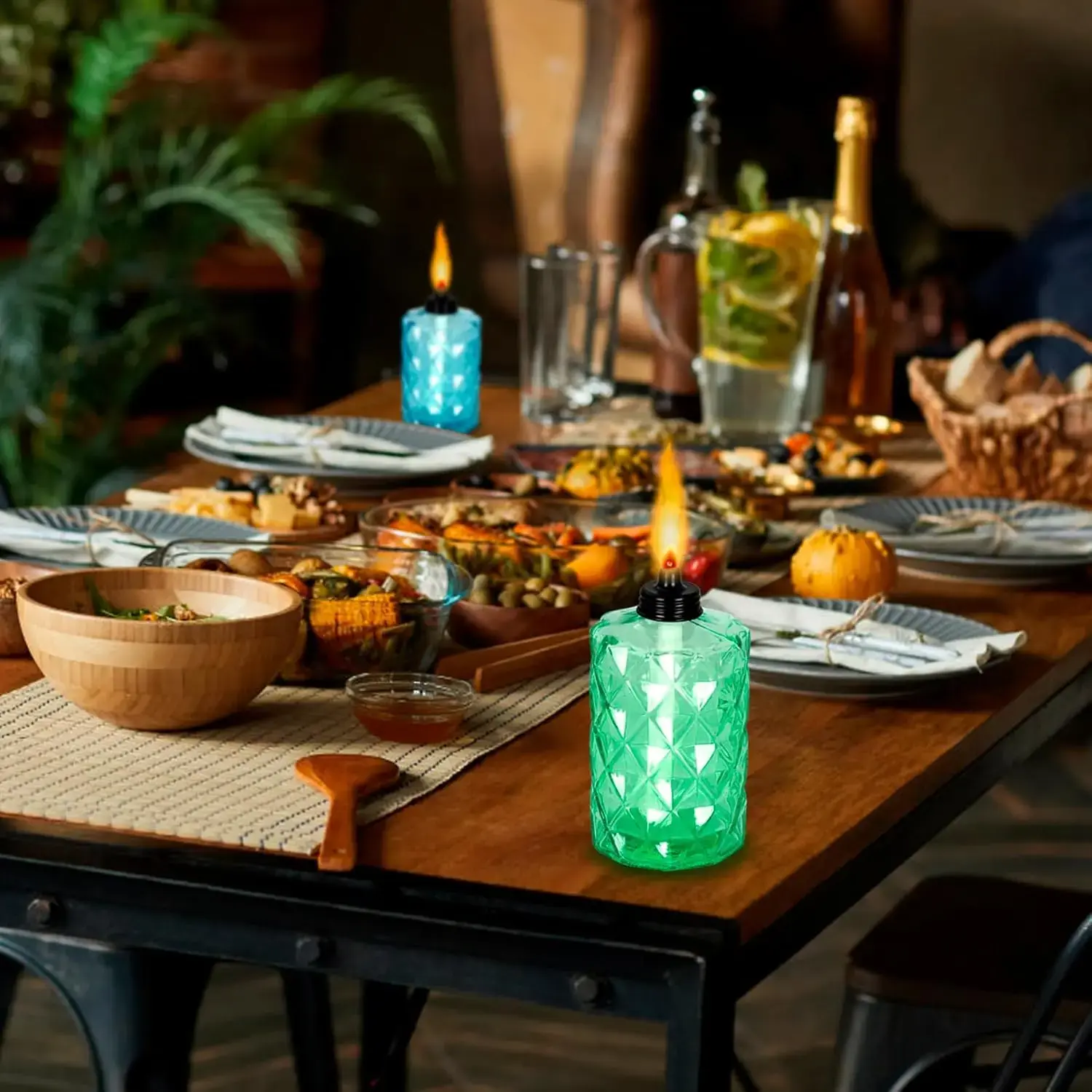 4-Pack Multi-Color 12oz Large Capacity Glass Table Top Refillable Torch Lighter, Outdoor Dining Patio Torch with Included Fiberglass Wicks & Covers, Luau Party DIY Garden Decor