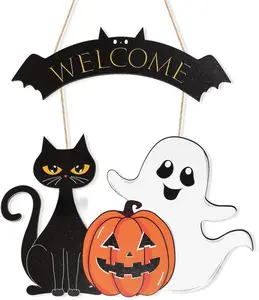 Halloween Decoration Wooden Ghost Door Halloween Wreath for Front Door Sign Wall Signs Decor, Pumpkin Black Cat Wreaths Sign Hanging for Home Wall Decor Outdoor Indoor Farmhouse Party Supply