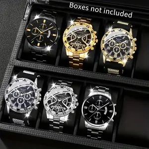 6pcs Men's Fashion Steel Belt Watches Set, Stainless Steel Watch - Quartz Movement, Casual Round Dial, Pointer Display, Alloy Case and Strap, Comfortable Watch for Daily Use, Precise Timing, Casual Fashion Style, Father's Day/Valentine's Day