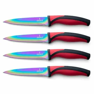 Steak Knife Set 4 Rainbow Titanium Coated Blades & Red Handles