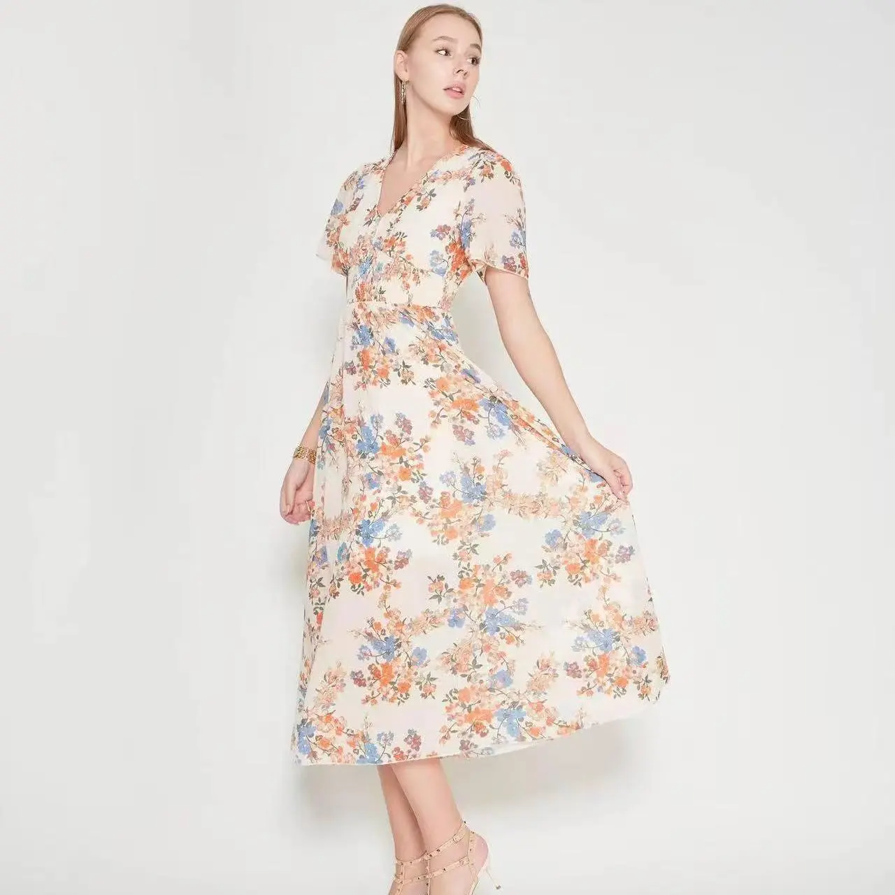 Soft Beige Floral Print Dress, V-Neck Waisted Chiffon Midi Dress for Vacation & Date Night