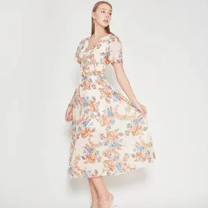 Soft Beige Floral Print Dress, V-Neck Waisted Chiffon Midi Dress for Vacation & Date Night