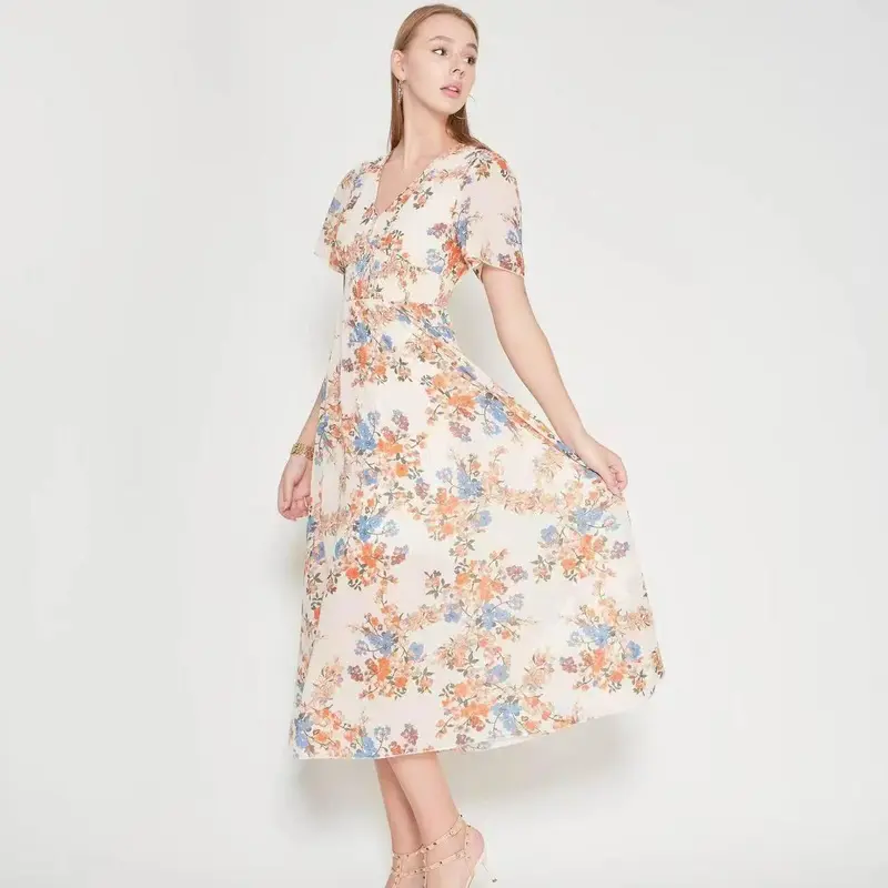 Soft Beige Floral Print Dress, V-Neck Waisted Chiffon Midi Dress for Vacation & Date Night