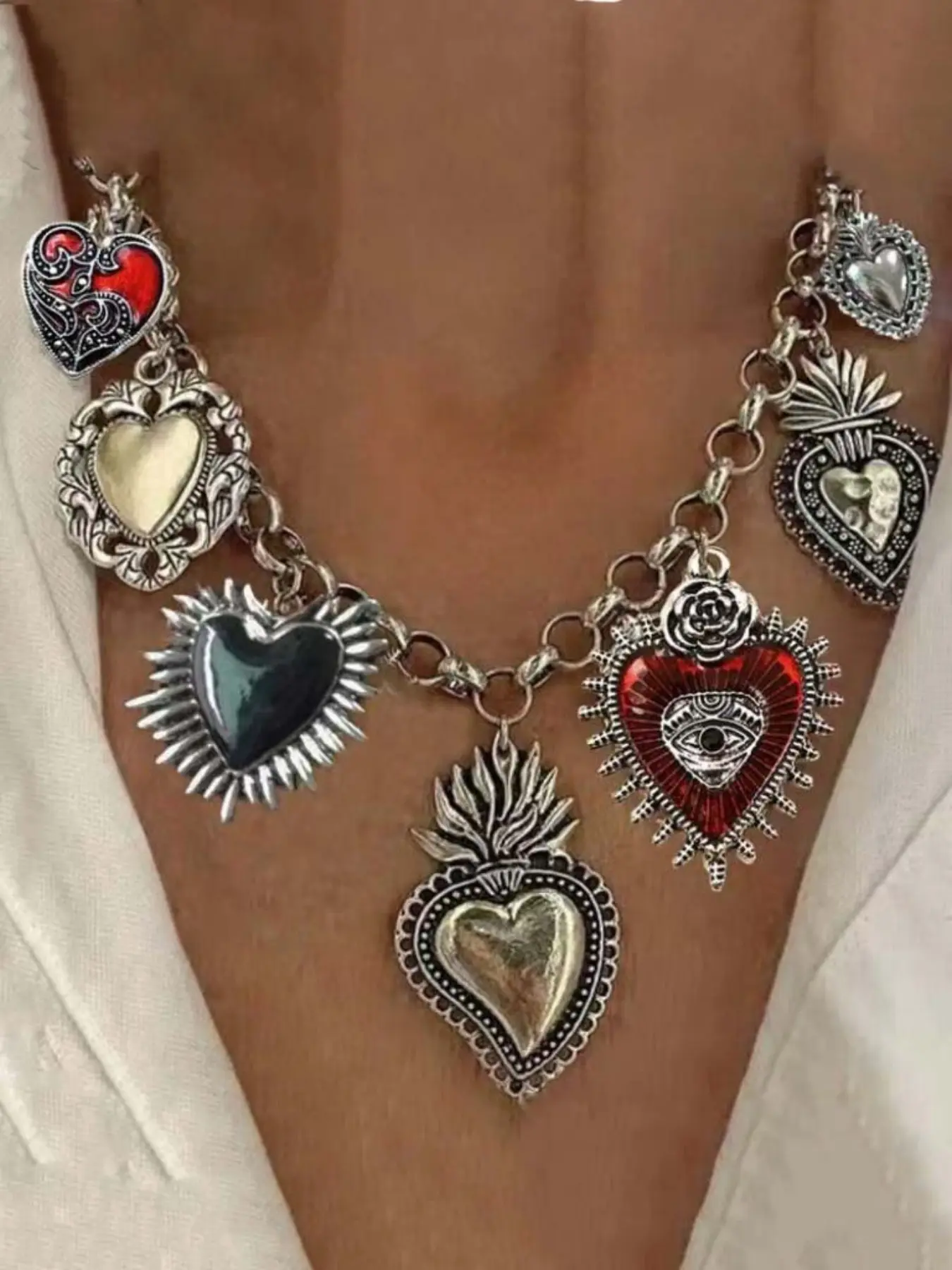 Gothic Choker Necklace with Thick Chain, Heart Pendant & Evil Eye Charm, Unique Halloween Valentine Jewelry Gift for Women, Charm Necklaces