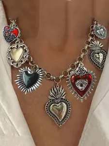Gothic Choker Necklace with Thick Chain, Heart Pendant & Evil Eye Charm, Unique Halloween Valentine Jewelry Gift for Women, Charm Necklaces