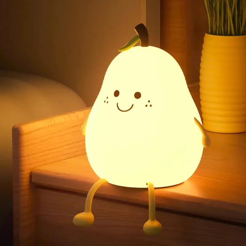 Fruit Shape Pear-Shaped Safe Silicone LED Night Light - USB Rechargeable, USB Charger Compatible, Colorful Gentle Glow, CE/RoHS Certified, Polycarbonate Components, Batteries Included, Timer Mode, 117x114x130mm, Kids Bedroom Decor, Bedside Gift, Abs+ Pc+