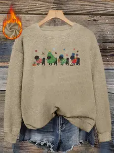 Women's Pug Christmas Print Sweater, Long Sleeve Round Neck Pullover, Soft Elastic Fabric, Casual Fall & Winter Top