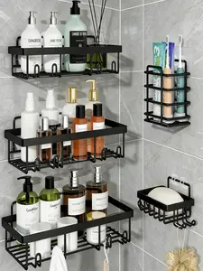 Caddy Shower Storage 5-Piece Set Self- Stainless Steel Shelf No Drilling Required Rust-Resistant Bathroom Decor Accessories Pink Shampoo Body Wash Basket Showerhead Holder Installation Minimalist Hollow Stick-On Rust-Proof Rack adhesive shower caddy