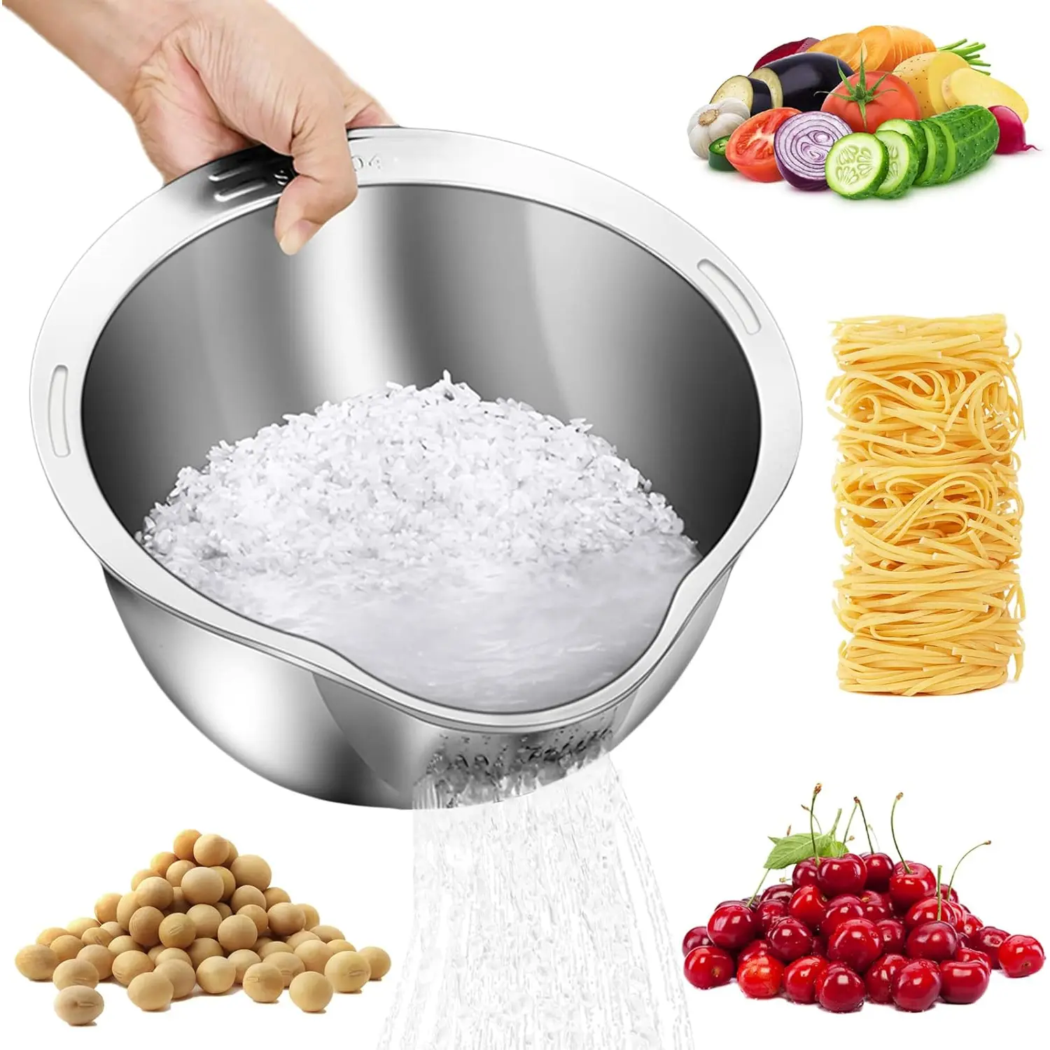 Food-Grade Stainless Steel Rice-Washing Basin, Leak-Proof Design, Kitchen Basket for Washing Vegetables & Fruits, Draining Filter Tool, Multifunctional Rice Strainer, Kitchen Gadgets, Kitchenware