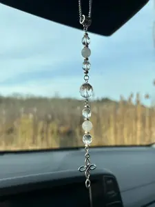 Cross White Jade and Crystal - Rearview Mirror Car Charm - Sun Catcher, Spiritual Religious, New Car Gift