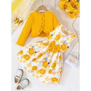 Girls' Floral Print Dress with Solid Long Sleeve Cardigan, Casual Polyester Blend, Knit Fabric, Slight Stretch, with Ruffle Detail, for Spring/Fall