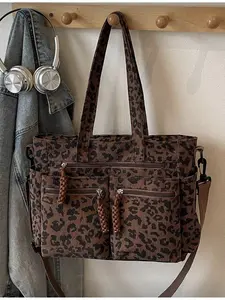Women Leopard Print Corduroy Handbag Fashion Large Capacity Multi Pockets Detachable Adjustable Strap Casual Shopping Travel Business School Party Gift Office Bag Valentine's Day Present