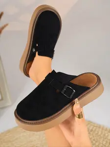 Women's Multi-Color Velvet Slip-On Shoes, Elegant Comfortable Large Size Single Button Design, Casual Fashion Slippers for Spring & Fall