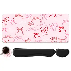 4pcs Cute Pink Bow Pattern Design Mouse Pad + Keyboard Wrist Rest + Ergonomic Mouse Pad + Coaster Set For Desktop Decoration, Office Accessories Set Ergonomic Wrist Support, Computer Mat Mouse Pad Coaster Suitable For Home Office Gaming Non Slip Mousepad