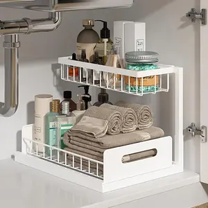 Undersink Storage Rack Pull-Out Cabinet Storage Rack 2-Layer Sliding Out Sink Rack White 1-Piece Set L-Shaped Design Easy Install No Tools Required