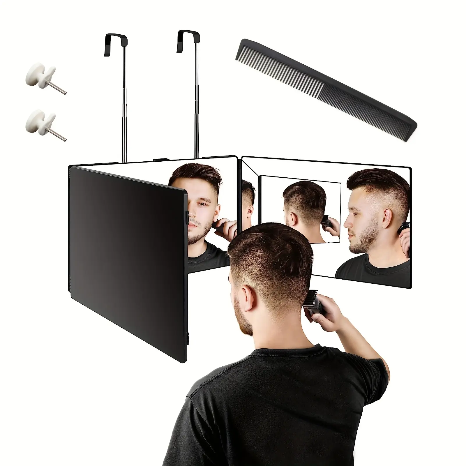 New 1pc 3-Way Mirror For Self Hair Cutting With Comb 360-Degree Mirror DIY Hair Styling Tool Adjustable Hanging Tri-Fold Mirror For Makeup Haircare Shaving Multi-Scene Hook For Door & Bathroom Portable Grooming Mirror Ideal Birthday Gift Decor Glass