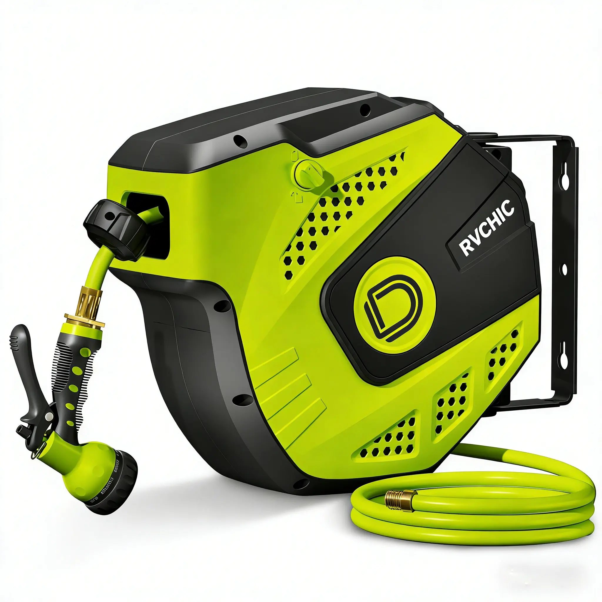 33FT Retractable Garden Hose Reel, Compact Wall Mounted Water Hose Reel with Auto Rewind, 180° Swivel Bracket, Lock at Any Length, Spray Nozzle for Patio, Yard & Garden