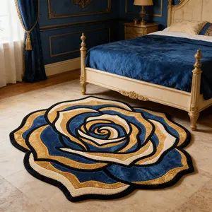 Luxury Vintage Blue Rose Living Room Carpet, High-End Artistic Irregular Bedroom Rug, Plush Comfort Mat for Coffee Table, Sofa, Dressing Room