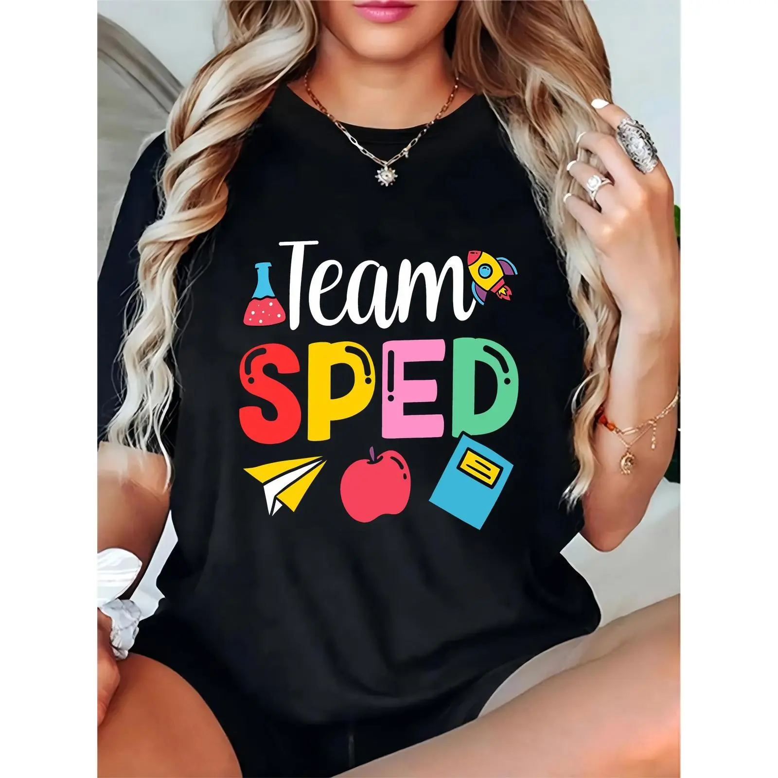 Women's Team SPED T-Shirt with Colorful Beaker, Rocket, Paper Plane, Apple & Notebook Prints | Back to School Teacher Casual Tee