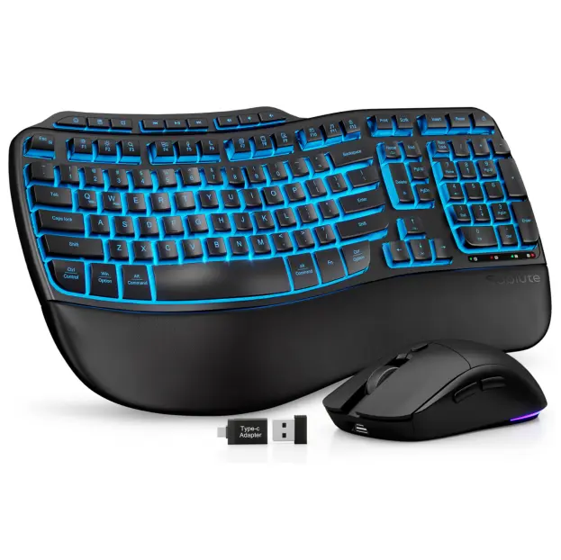 SABLUTE MA31 Ergonomic Keyboard & Mouse Combo - Rechargeable 4000mAh, Backlit, Soft Faux Lambskin Palm Rest, Wave Keys for Natural Typing, Full Size, Compatible with Windows Mac Chrome OS, Pastel Color (Non-Bluetooth), Backlight, Ergonomic Keyboard & Mous