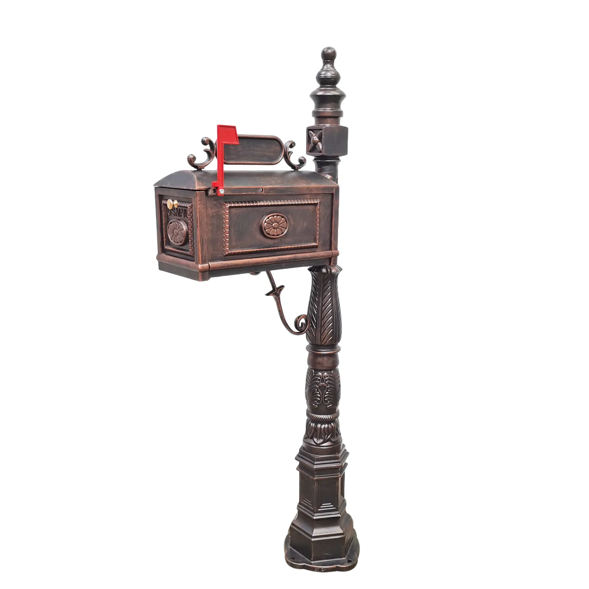 FixtureDisplays® Vintage Antique Copper Cast Aluminum Mailbox with Post, Large Capacity Locking Outdoor Mailbox, 62.6" Tall Decorative Mailbox Stand, 18.5" X 8.97" X 10.63" Mailbox for Garden Yard Villa 16183