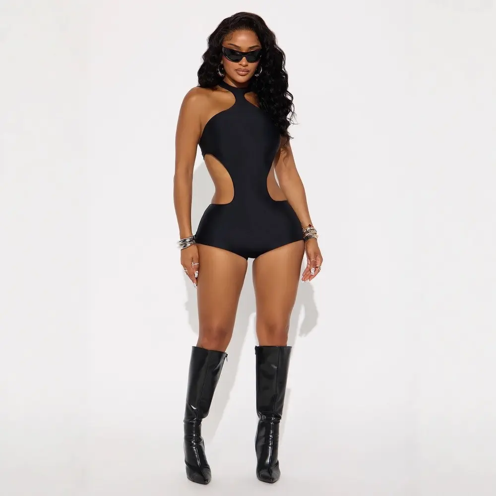 Women's Sexy Sleeveless Short Jumpsuit, Solid Color Slim Fit with Hollow Out Backless Detail for Vacation Wear, Plus Size, Bodysuits, Jumpsuit Shorts, Street Wear, Backless Cutout, Tops, Going Out Outfit