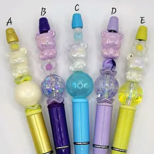 Refillable Acrylic Bear Beaded Pens - Colorful Bear Designs with Glitter Accents, Available in Multiple Colors