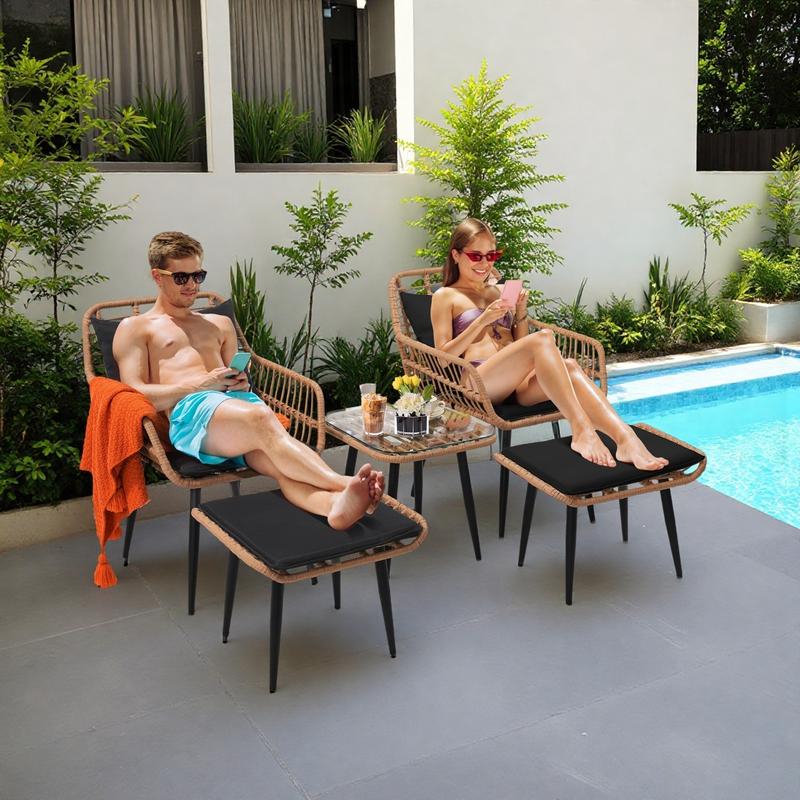 5 Piece Wicker Bistro Patio Conversation Furniture Set, Includes 2 Chairs, 2 Ottomans, and Side Table, Ideal for Porch, Balcony, Deck, Backyard, Natural