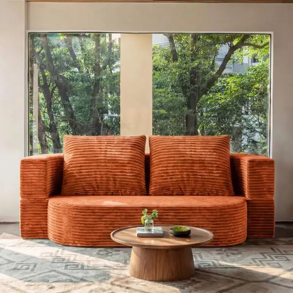 78.7" Full Size Floor Sofa, Folding Queen Sleeper Couch, Futon Loveseat Sofa, Plush Corduroy Foam-Filled Sleeper Couch Bed, Foldable Mattress Bed for Living Room, Guest Use, Office, Apartment, Rust Red