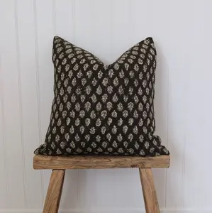 Milo Floral Pillow Cover - Dark Brown Rust Printed Linen All Seasons Decorative Pillow Cover Hand-Block Printed in India Made in USA