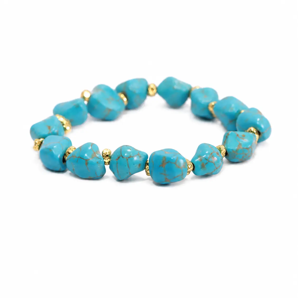 Women's LUMINA GEMS Coastal Turquoise Gold-Plated Bracelets - Bohemian Freeform Organic Shape Nugget Beads, December Birthstone, 6.5'' Adjustable Length Elastic Cords, Unique Ethnic Look, Spiritual Healing, Positive Energy, for Date Nights Daily Wear