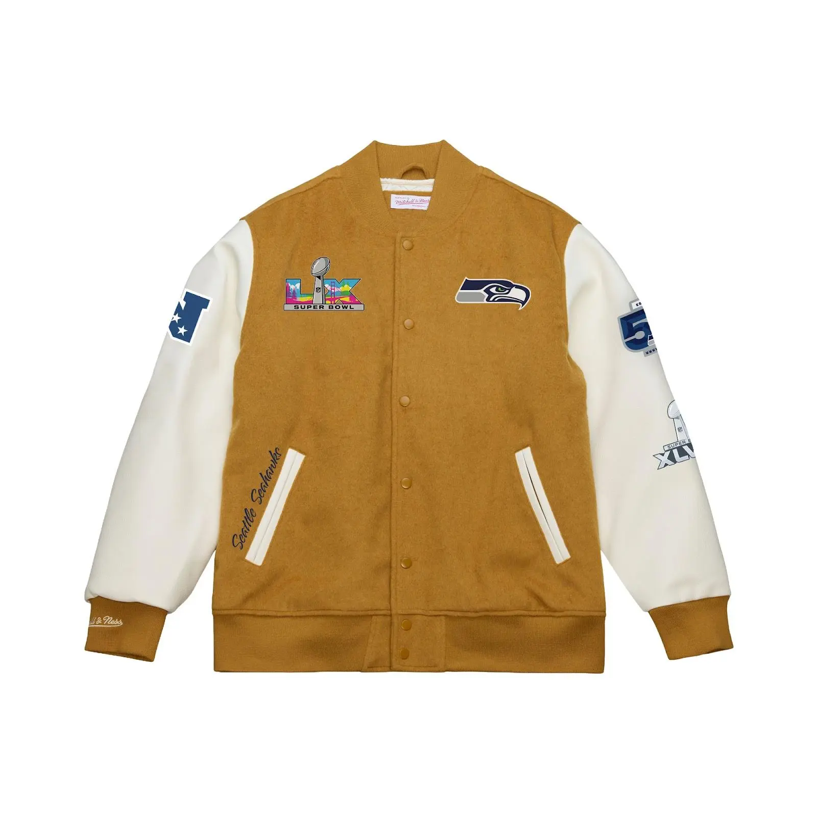 Seattle Seahawks Tan/Cream Super Bowl LX Champions Dusted Varsity Full-Snap Jacket NFL Throwback Outerwear Vintage Fan Gear Mitchell & Ness