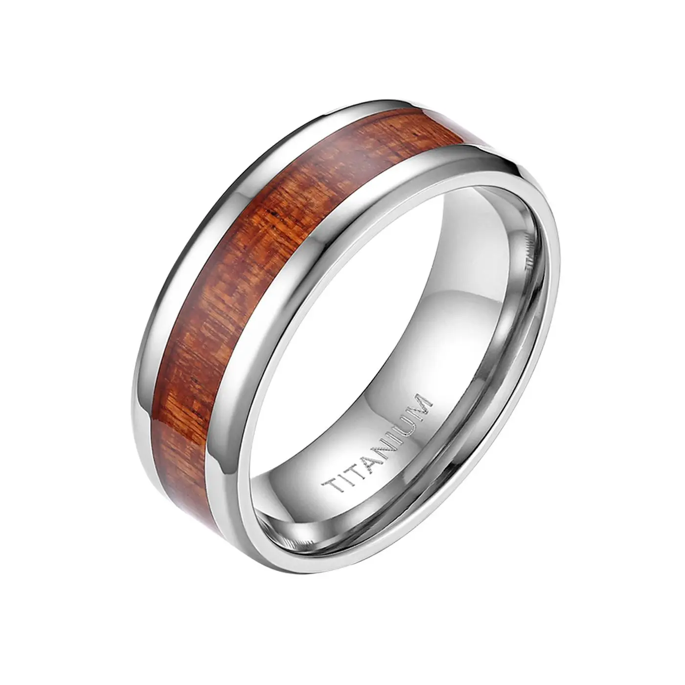 OIDEA Men's 8mm Titanium Ring with Wood Inlay, Modern Domed Hypoallergenic Wedding Band with Polished Silver Edges, Comfort Fit for Anniversary Gifts, Crafted From Aerospace-Grade Titanium, Domed Band