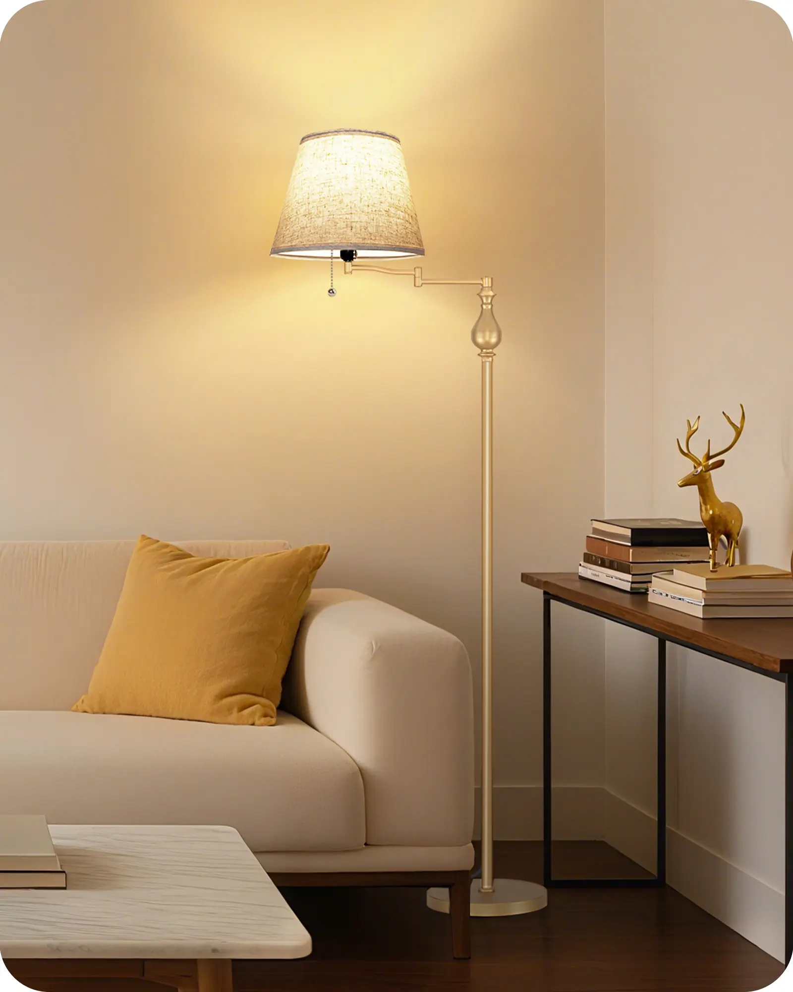 Vintage Floor Lamp with 350°Adjustable Swing Arm, 61” Mid-Century Modern Floor Lamp, Farmhouse Standing Pole Lamp, Antique Reading Lamp for Living Room, Bedroom, Office, Linen Shade, Gold