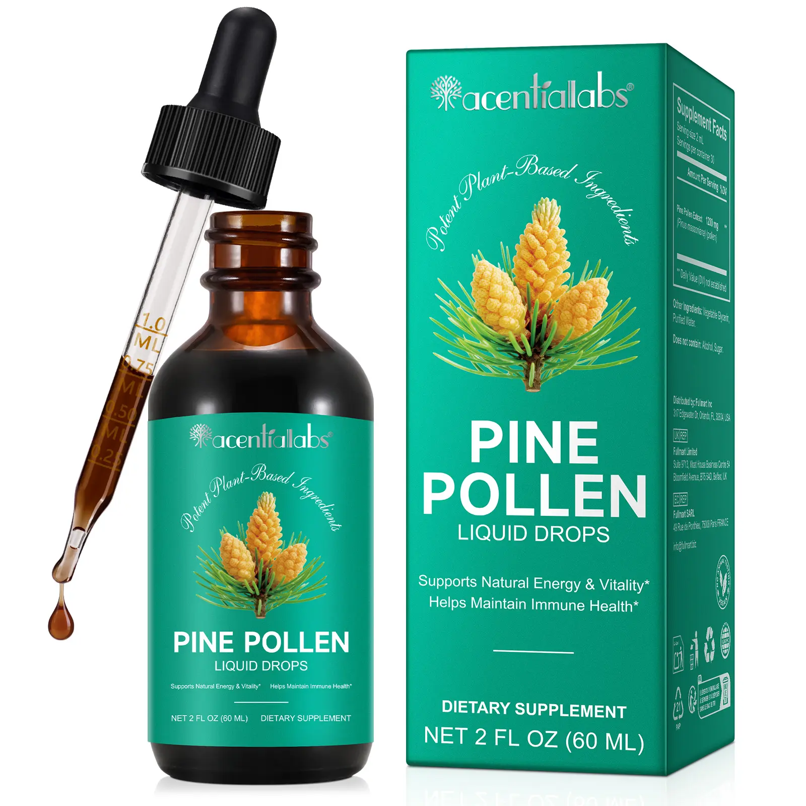 60ML Pine Pollen Liquid Oil 1200MG - Pine Pollen Powder Liquid Drops for Men & Women - Vegan, Sugar & Alcohol-Free Supplement - 2 fl oz