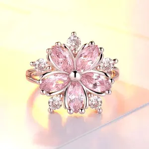 1pc Luxury Fashion Pink Sakura Flower Cubic Zirconia Stainless Steel Ring, Ideal for Women’s Birthday or Dating Gift