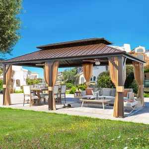 12'x20' Weatherproof Outdoor Gazebo - Heavy-Duty Galvanized Steel Hardtop, Double-Layer Roof & UV-Resistant Netting/Curtains, Ideal for Patio, Deck, Lawn