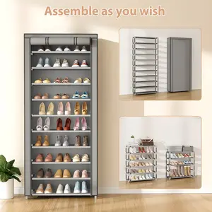 6/10-Tier High Capacity Shoe Rack with Dust Cover, Multi-Functional Storage Shelf, 12mm Tube Diameter, Space-Saving Entryway Shoe Organizer, Easy to Assemble, Suitable for Home and Closet Use.