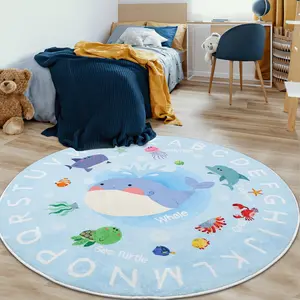 Soft Round ABC Rug for  Room,5.2 ft Washable Circle  Rug,Non-Slip Whale Alphabet   Rug Carpet for  Playroom Bedroom  Room Decor