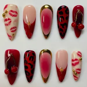 10 Pcs Leopard Print Almond Shape Nail Tips, Glossy Finish, Gold Foil & Metal Beads, Party & Daily Wear, Comfortable & Durable