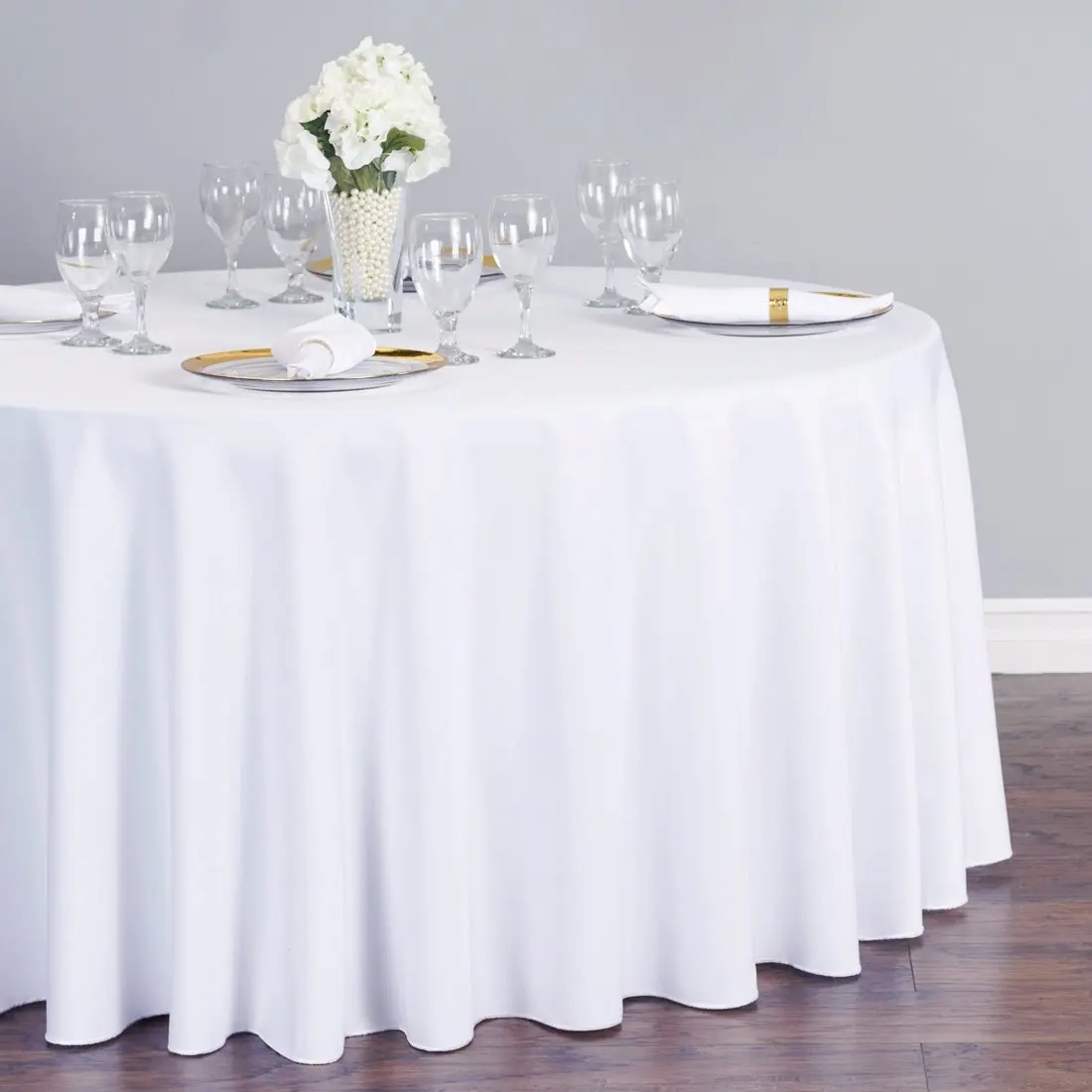 120 In Round Polyester Tablecloth - Classic Household Kitchen Linen for Dinner Parties, Weddings, Photo Backdrops, Beige Ornaments, Ivory Flowers, Room Decor