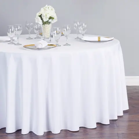 120-in Round Durable Polyester Tablecloth - Non-Customised, Beige Ornaments, Ivory (White) Flowers, Soft Texture, Solid Colors, Classic Wedding-Ready Look, Full Drop for 60-in Round Tables, Easy Use & Install, Holiday Party & All Season Decor