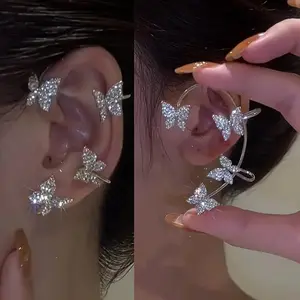 Set of 2 Butterfly Earrings, Ear Cuffs, And Climber Wrap-Around Earrings Designed for Women. These -Themed Ear Clips Can Be Worn on Either Side Without The Need for Piercings, Making Them a Lovely Silvery Jewelry Gift